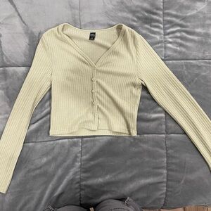 SHEIN Green Ribbed Crop Blouse Long Sleeve